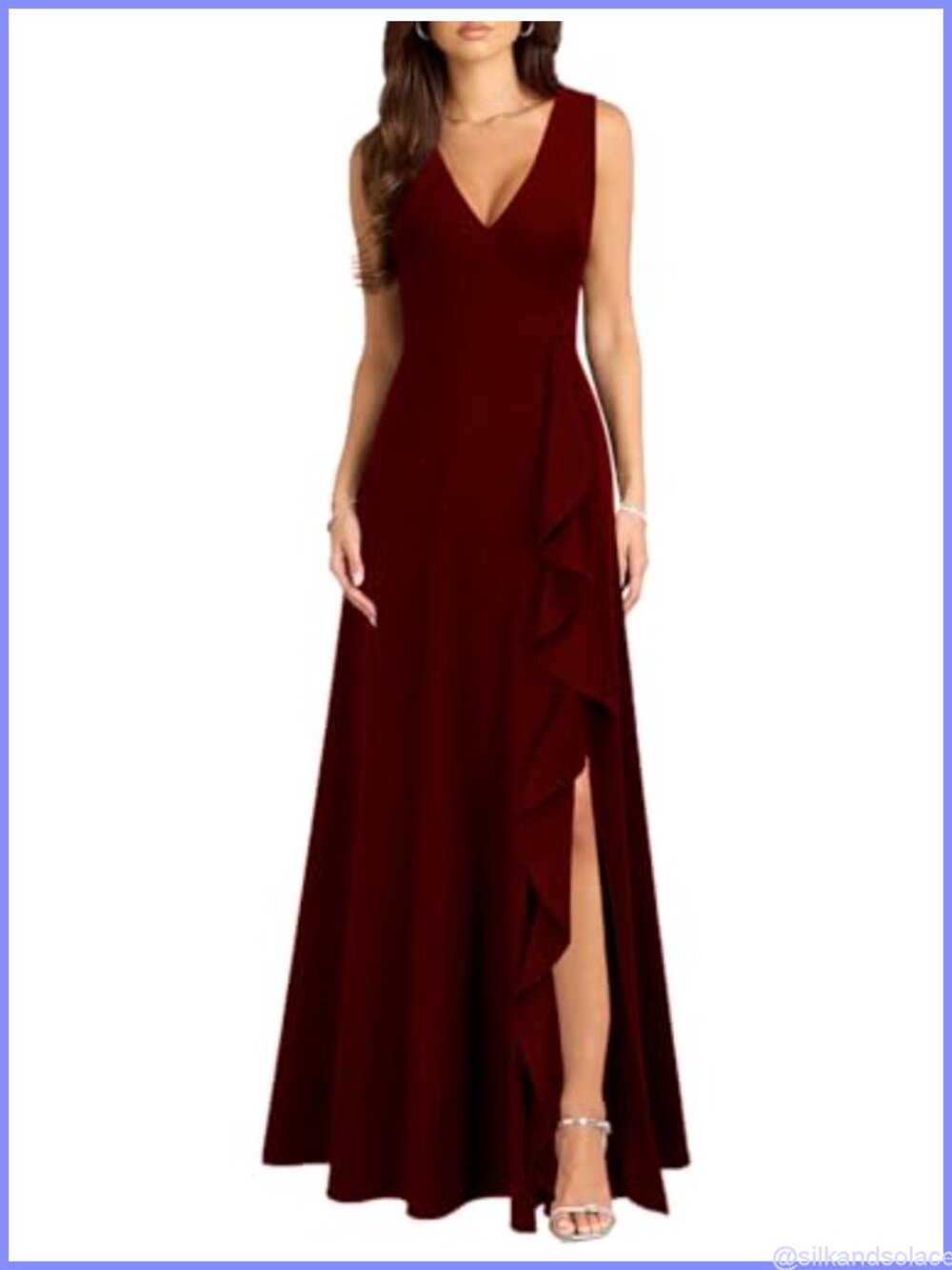 V Neck Ruffle Split Long Dress with Pockets Formal Party